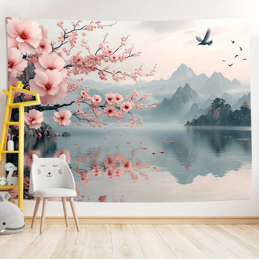 1pc Vintage 3D Cherry Blossom and Mountain Lake Tapestry- Polyester Fabric, Suitable for Living Room, Bedroom, Office Decoration.