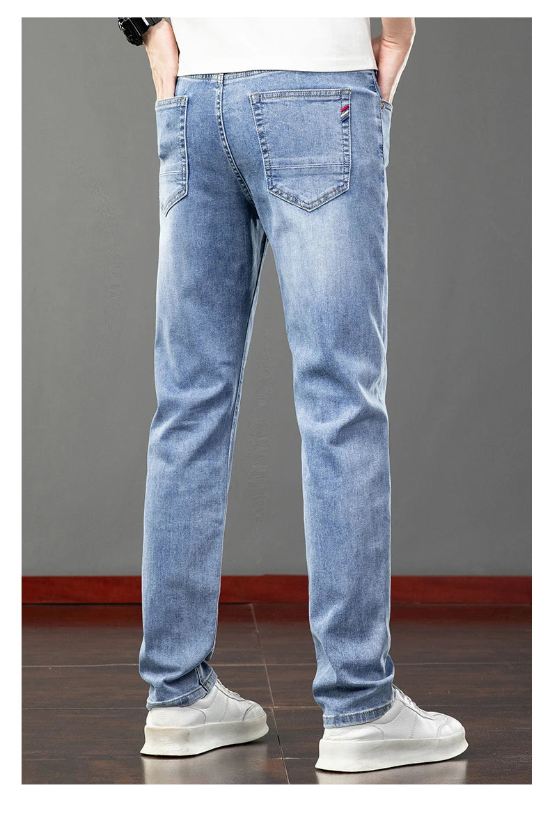 Spring Summer Thin Slim Fit Jeans Mens Elastic Straight Casual Business Denim Pants Washed Classic Brand Clothing Men Trousers.