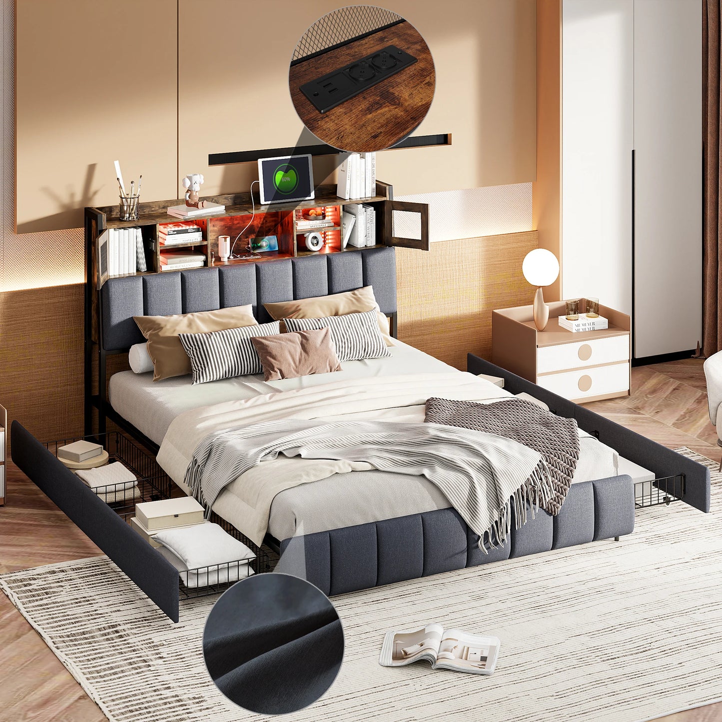 Rosahqnda Doppelbettgestell 140–160 x 200 cm mit LED, USB und Schubladen, gepolstertes Jugendbett, Wohnungsbett, Gästezimmer, Leinen, Grau