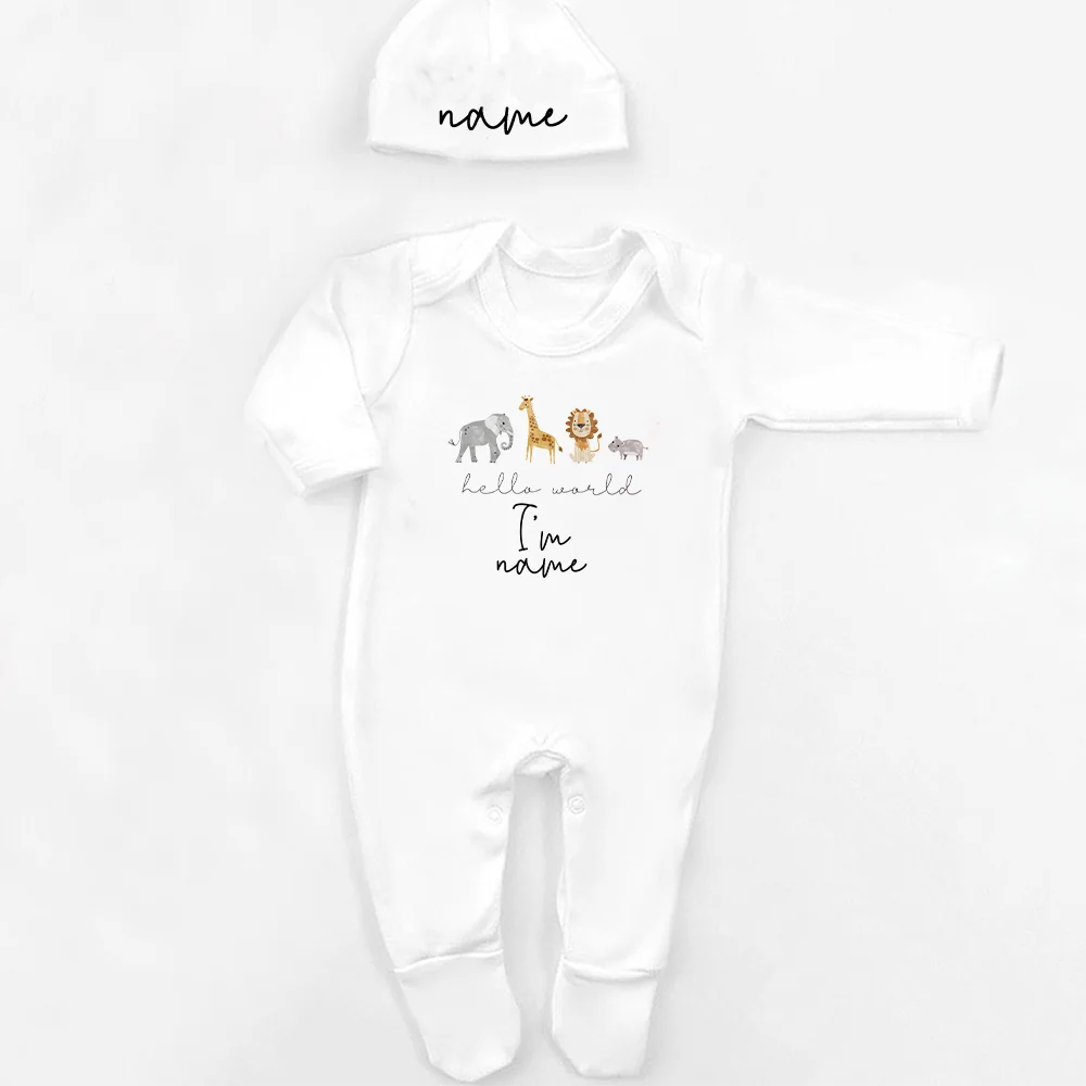 Personalisierter Schlafanzug, neues Baby-Geschenk, Safari-Babygrow, geboren im Jahr 2025, Geschenk zum Ausgehen, Outfit, individueller Baby-Strampler und Mütze.