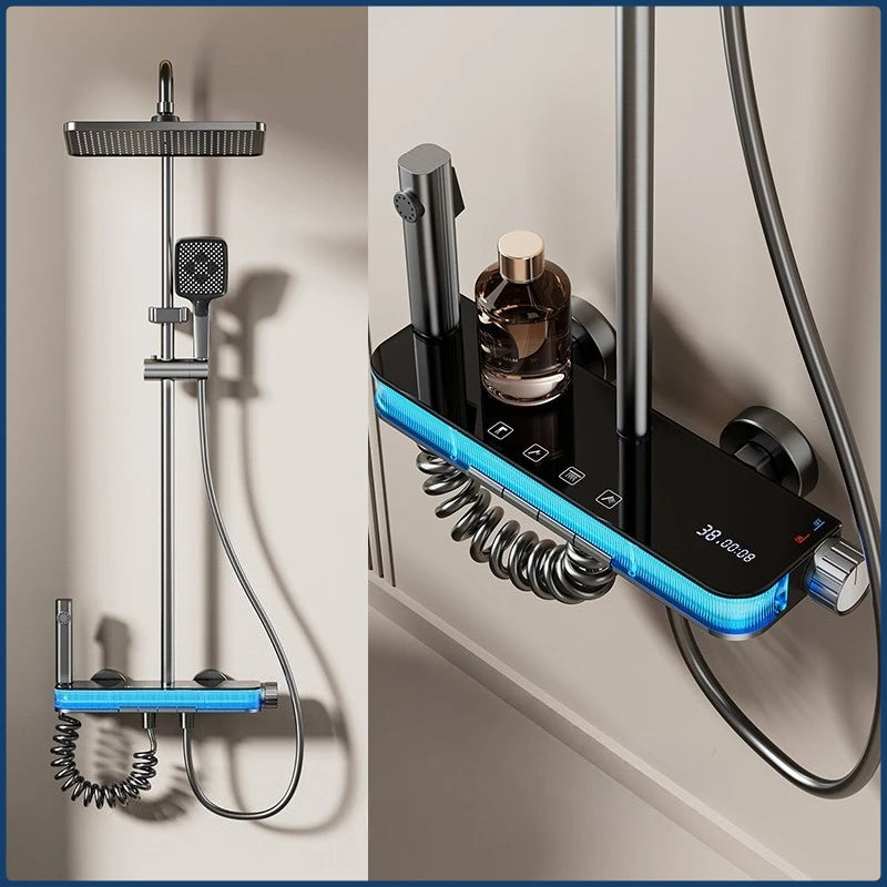 Smart Digital Rainlfall Bathroom Shower Set Temperature Display Bathroom Shower Faucet Set Grey Shower System with Ambient Light