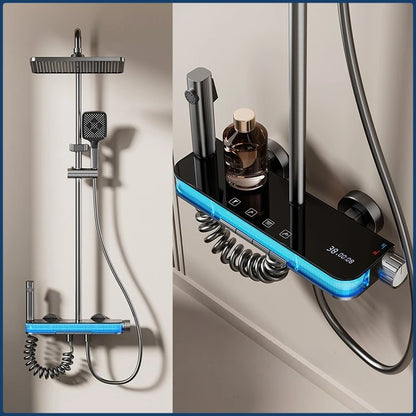 Smart Digital Rainlfall Bathroom Shower Set Temperature Display Bathroom Shower Faucet Set Grey Shower System with Ambient Light