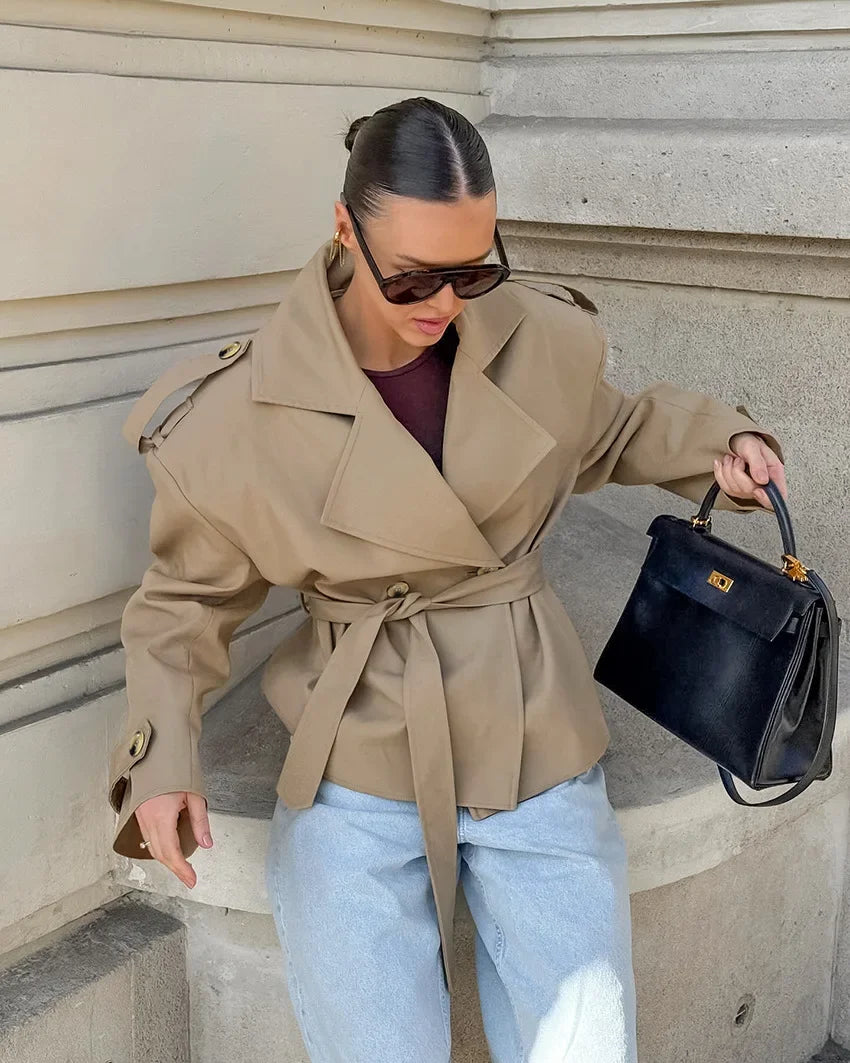 2025 Women Fall Lace-up Cropped Trench Coat Fashion Lapel Long Sleeves Wide Shoulder Windbreaker Jacket Commuting Daily Jackets.