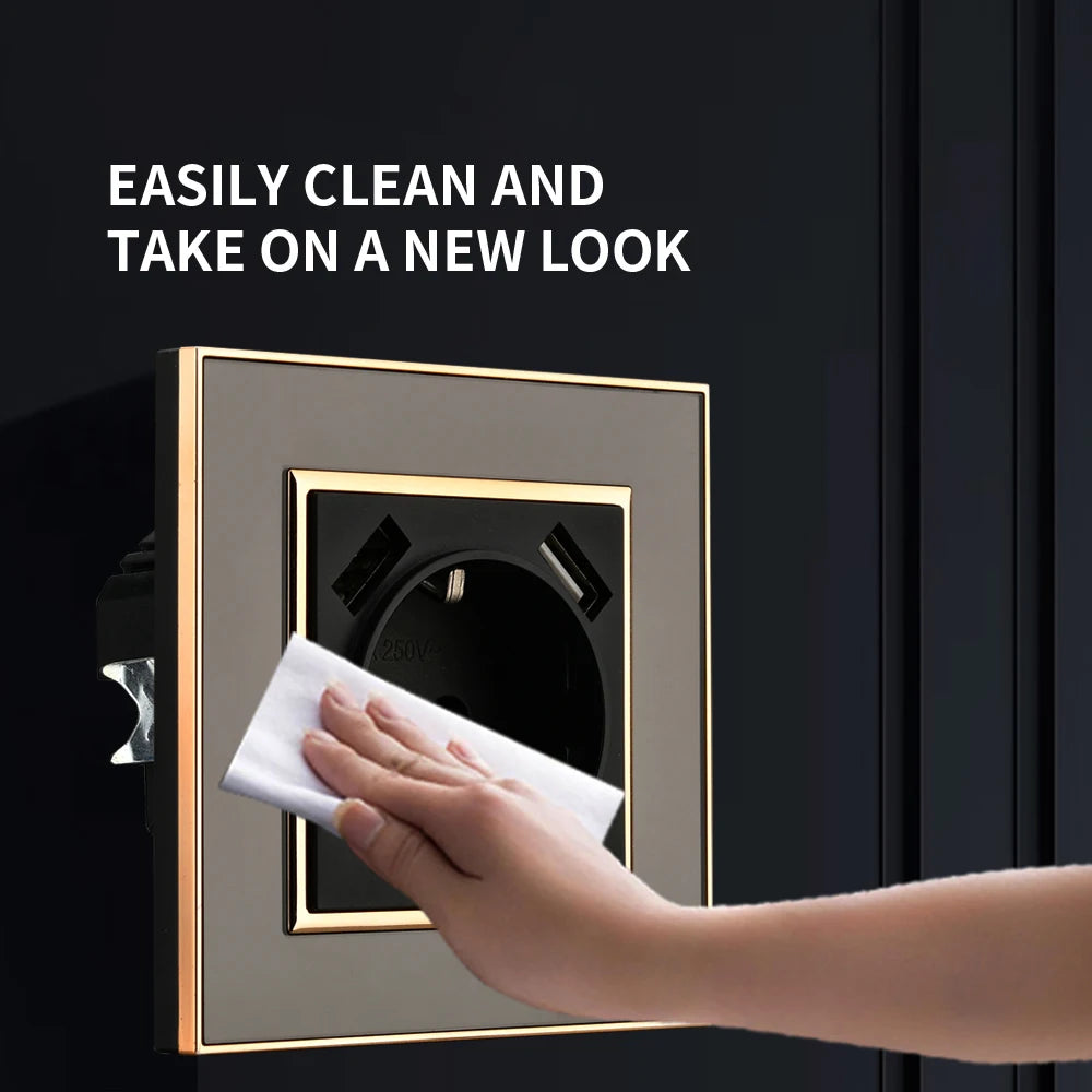 WESA Schwarze Spiegel-Acryl-Steckdose mit 2 USB-Steckdosen nach EU-Standard, Standard-Erdungsstecker, Steckdose, flammhemmend.