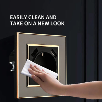 WESA Schwarze Spiegel-Acryl-Steckdose mit 2 USB-Steckdosen nach EU-Standard, Standard-Erdungsstecker, Steckdose, flammhemmend.