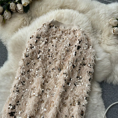 Skirts Women Autumn High Waist Midi Sequined Elegant Korean Fashion Back Slit A-line Loose Casual Simple All-match Faldas Largas.