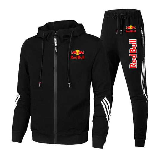 2025 Red Bull Brand Logo Printed Men's Zipper Hoodie With Casual Trousers Cycling Sports Two-piece Solid Color Simple Men's Suit.