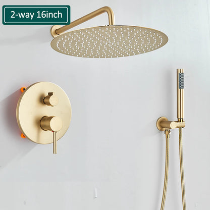 Brushed Gold Shower Faucets Set Rainfall Shower System Concealed Hot Cold Water Mixer Tap Bathroom Round Shower Faucet