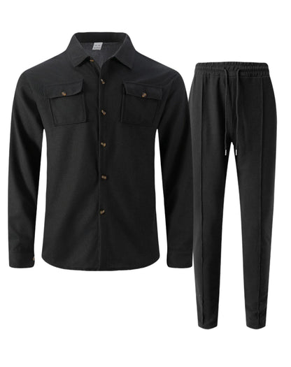 2025 Men's Autumn Casual Street Sport Two-Piece Fashion Solid Color Double-Pocket Collar Buttoned Long-Sleeved Shirt + Pants Set.