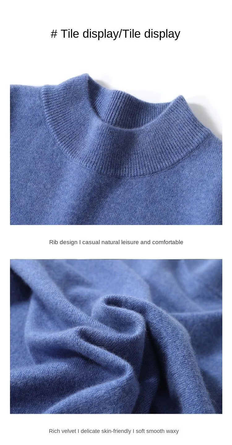 100% Pure Merino Wool Men's Semi High Neck Pullover Solid Color Plus Size Casual Sweater Autumn And Winter Sports Cashmere Top