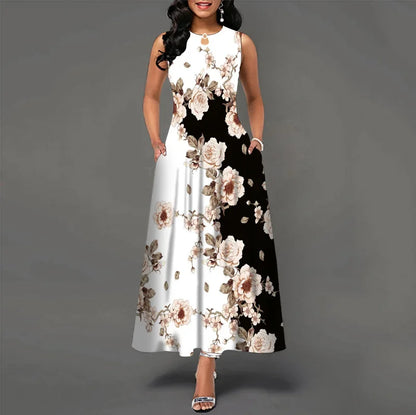 Blumendruck Neues lässiges ärmelloses langes Kleid Damen V-Ausschnitt bedrucktes Kleid Swing Bohemian Retro Kleider