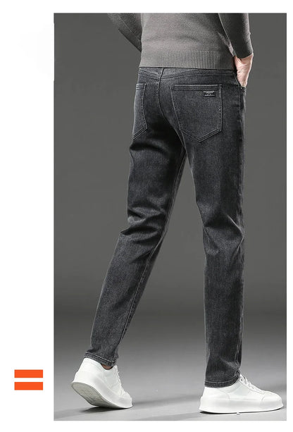 Winter Fleece Thick Warm Jeans Men's Slim Straight Elastic Denim Pants Casual Male Clothing Fashion Plush Trousers.