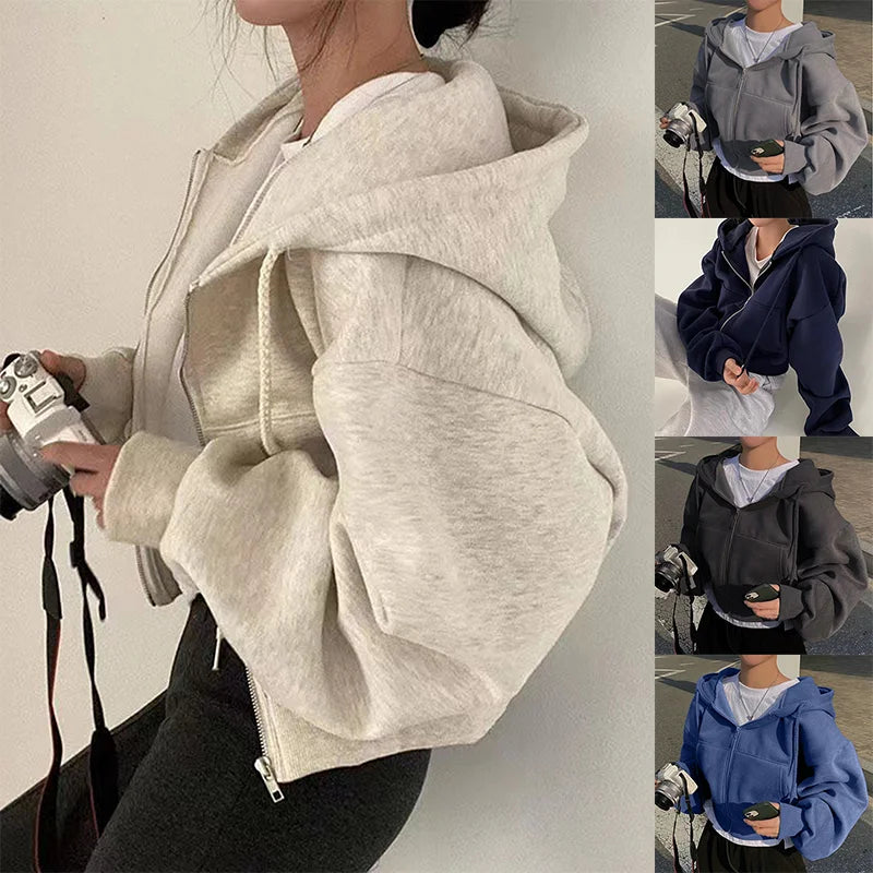 2024 Spring Autumn New Insfleece-lined Versatile Cropped Slims Smooths Silhouette Zip-up Warm Navy Blue Hooded Sweatshirt Women.