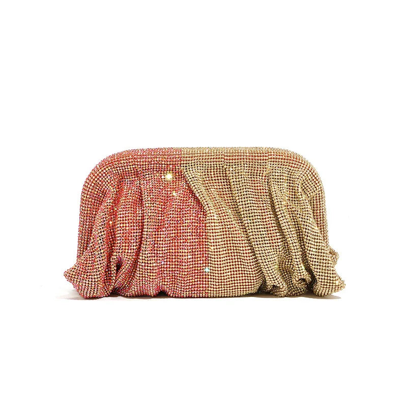 Premium Handmade Diamond-encrusted Clutch Bag Pleated Chain Rhinestone Cloud Clip Dinner Bag Single Shoulder Oblique Span Bolsos