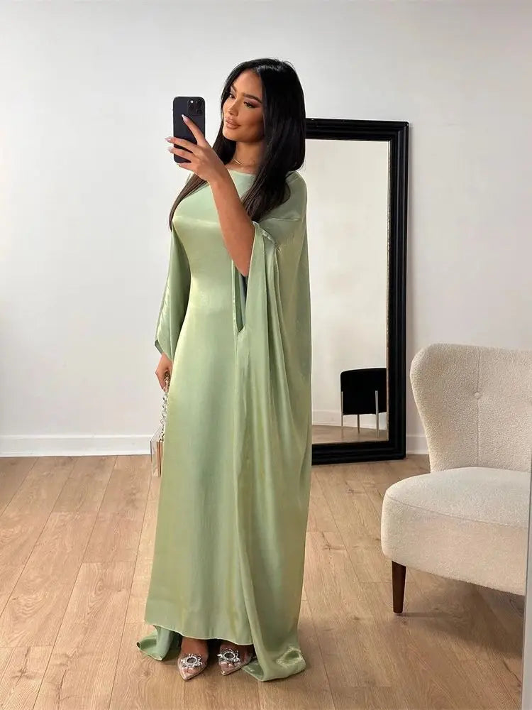 Ramadan Eid Summer Satin Batwing Abaya Dubai Women Islam Muslim Maxi Kaftan Dresses Kebaya Caftan Marocain Robe Femme Musulmane.