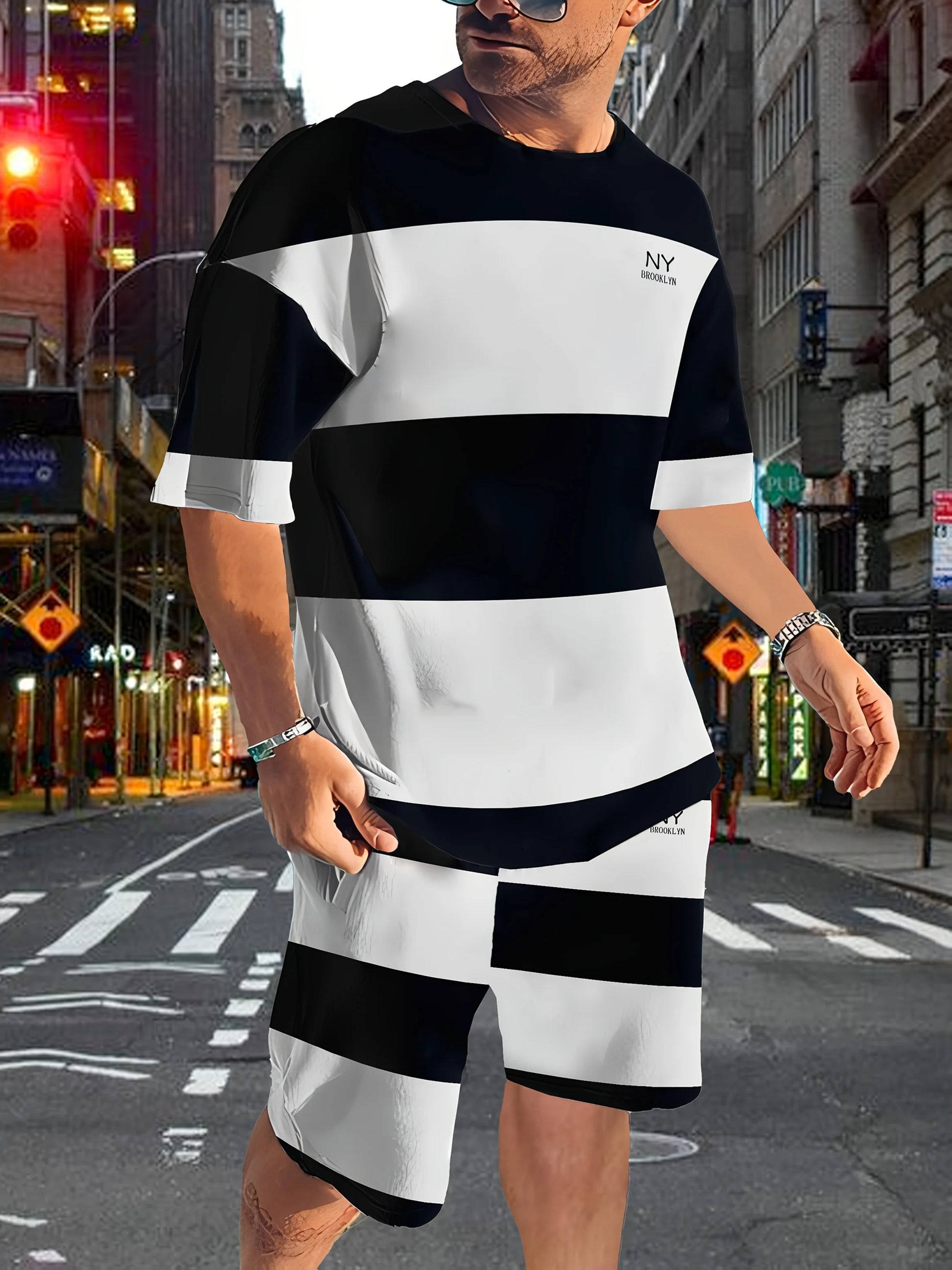 Fashionable men's summer striped print micro elastic breathable round neck T-shirt shorts set outdoor casual two-piece set.