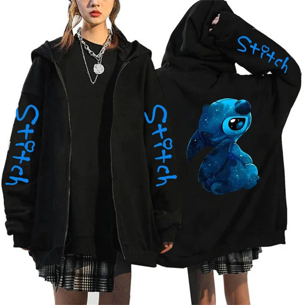 Men's and women's Lilo Stitch hooded jackets, Bonita Harajuku anime, cartoon Gothic streetwear, women's zippered sweaters.