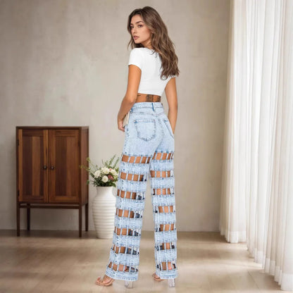 Holes Jean Hollow Out Jeans Women Straight Pants High Waist Vintage Ripped High Waist Zipper Fly Ankle Length Distressed.