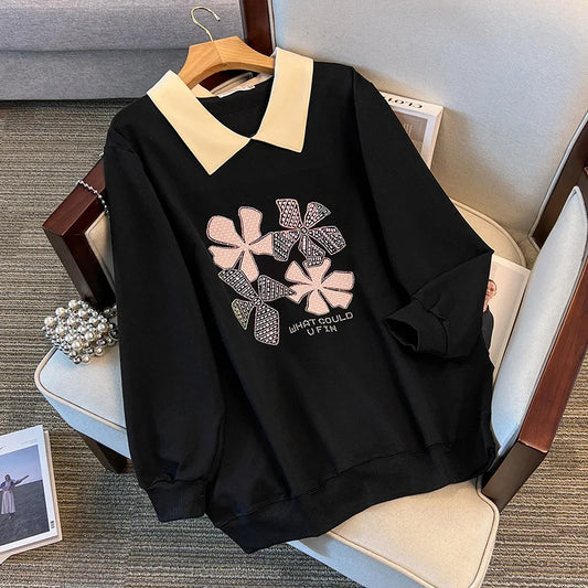 170 kg Plus Size Damen-Büste 170 Frühling Herbst Loose Diamond Collared Sweatshirt Schwarz 4XL 5XL 6XL 7XL 8XL 9XL