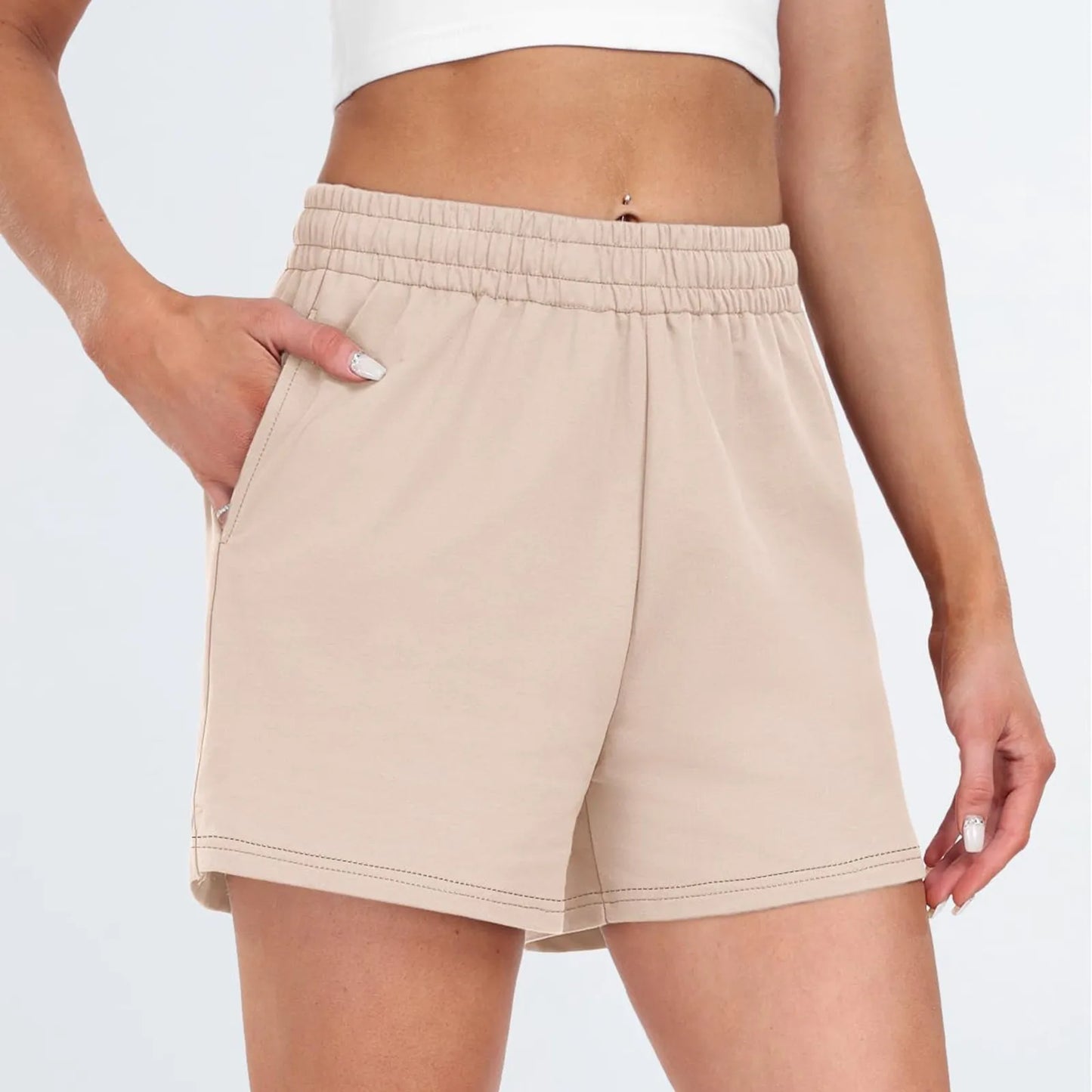 Plain Color Sports Shorts Casual Summer Comfortable And Soft Elastic High Waist Running Shorts With Pockets For Women
