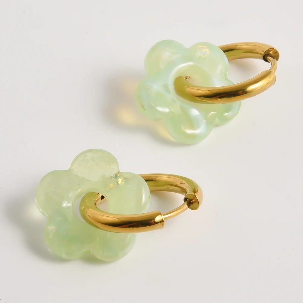 Colorful Flower Glass Drop Charms Earring Gold Color Circle Ear Buckle Hoops Stainless Steel Earrings Fashion Jewelry for Women