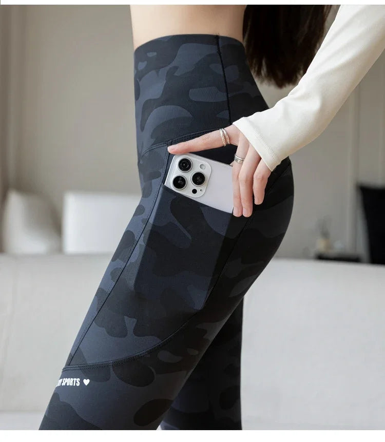 Women Camo Shark Pants High Waist Pocket Leggings Big Size Stretchy Casual Pants Fashion Skinny Yoga Fitness Pants.