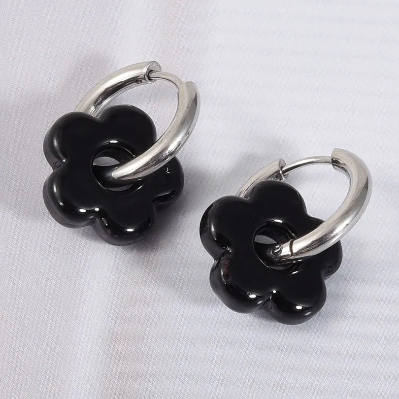 Colorful Flower Glass Drop Charms Earring Gold Color Circle Ear Buckle Hoops Stainless Steel Earrings Fashion Jewelry for Women