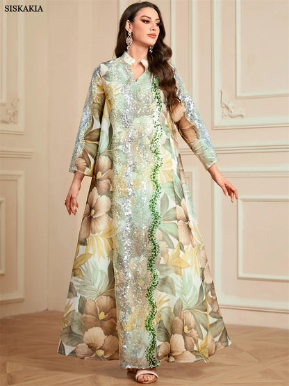 Siskakia Ramadan Dubai Floral Print Long Dress Sequins Patchwork Abayas Mesh Kebaya For Muslim Women's Casual Loose Clothing.