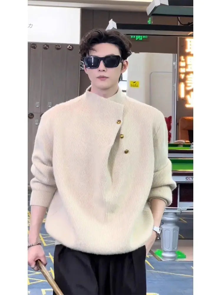 Irregular Button Turtleneck Sweater Men's Autumn and Winter Fashion Brand.