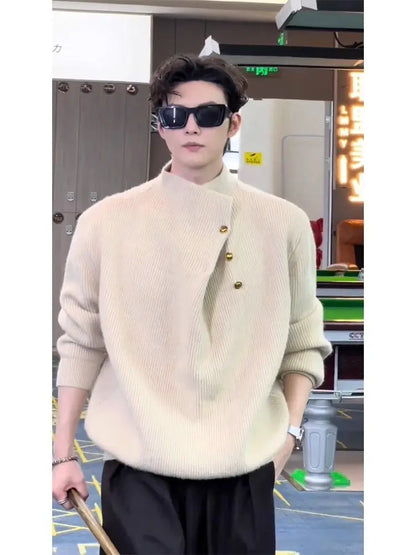 Irregular Button Turtleneck Sweater Men's Autumn and Winter Fashion Brand.