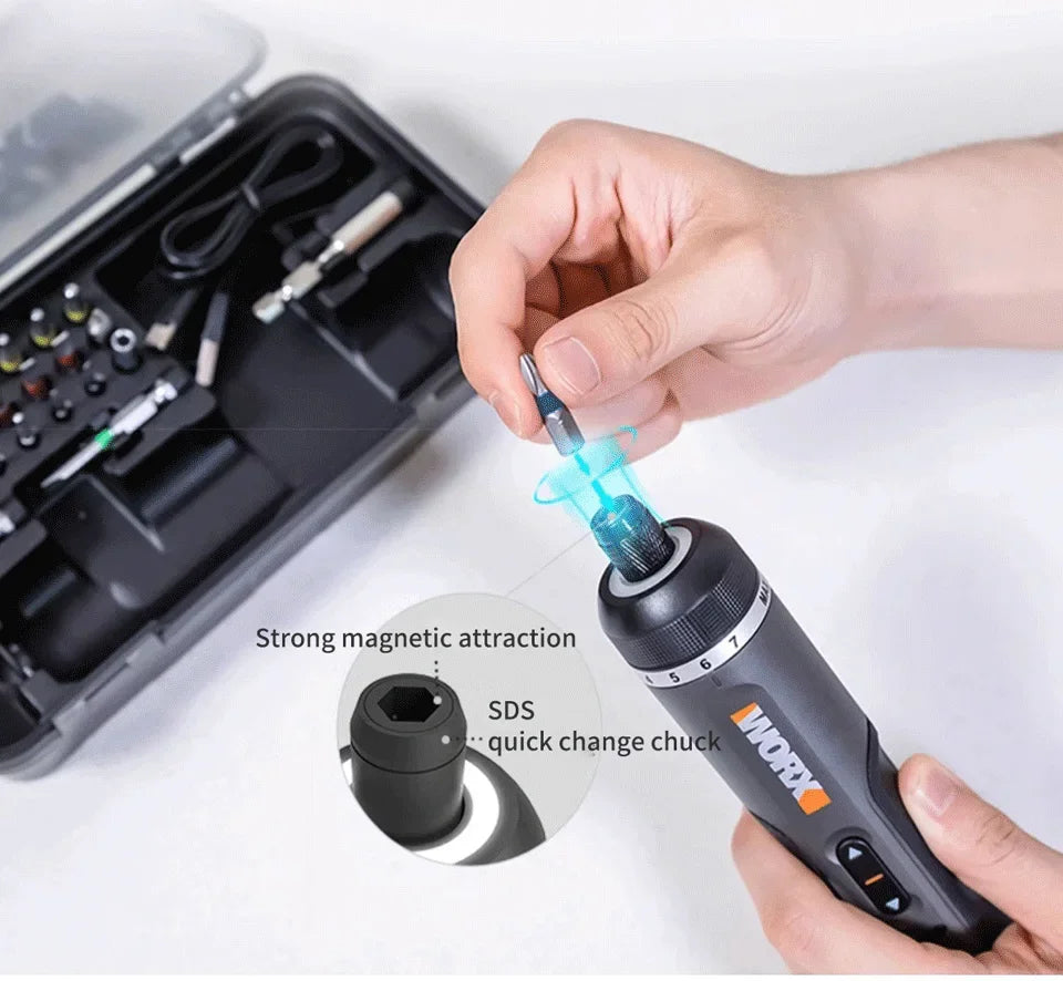 Worx WX242 Elektroschrauber-Set, intelligenter Akku-Bohrschrauber, Schraubendreher, USB-Ladegriff, 30-teiliges Set, Elektroschrauber