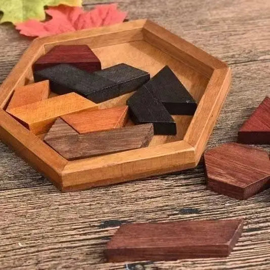 Classical Hexagon Tangram Puzzle Wooden Brain Teasers For Kids Logic Thinking Games Casse Tete Rompecabezas De Madera.