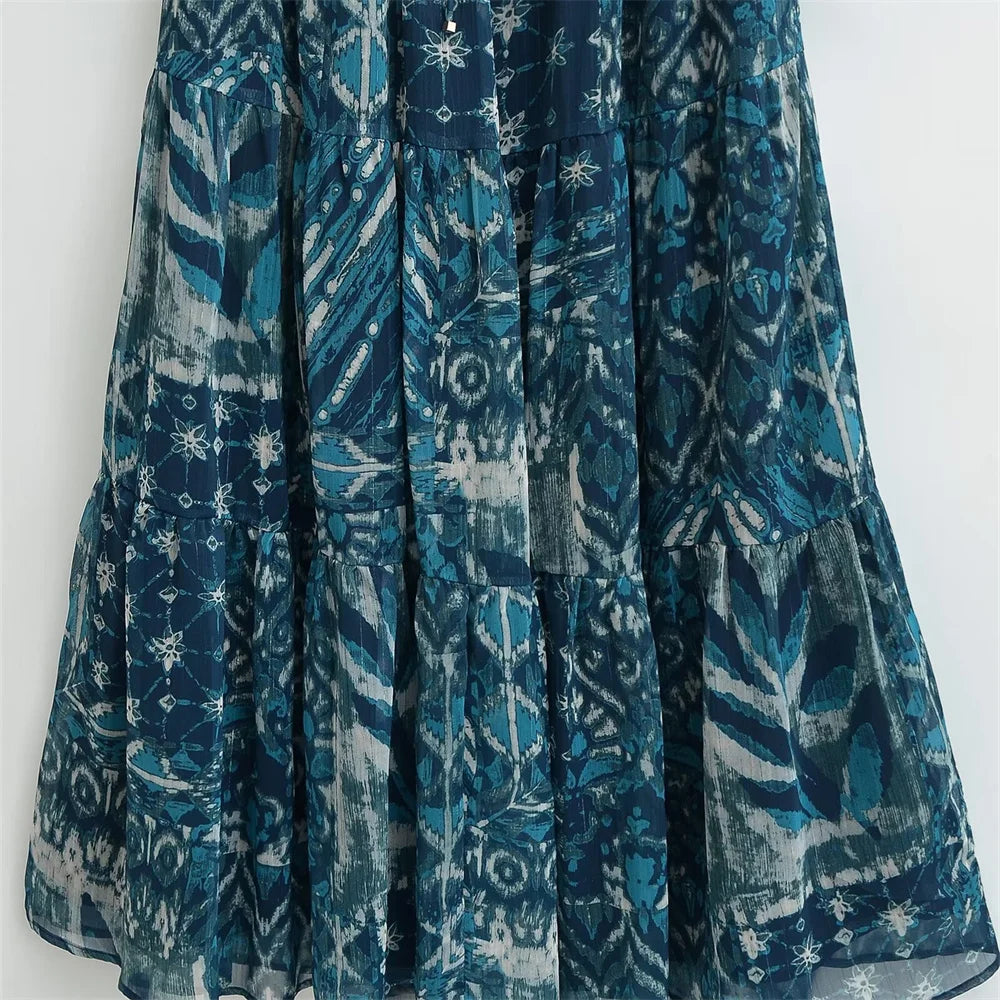 2024ZAR * Spring/Summer New Women's French Metallic Line Printed Cover Up High Waist Elastic Lace up Long Dress.