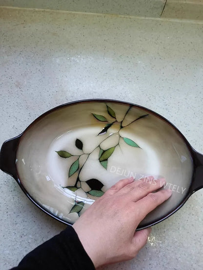 1Pc Vintage Bamboo Leaf Ceramic Bowl Salad Plate Exquisite Ceramic Cutlery Household Noodle Bowl Western Steak Cake Sushi Plate