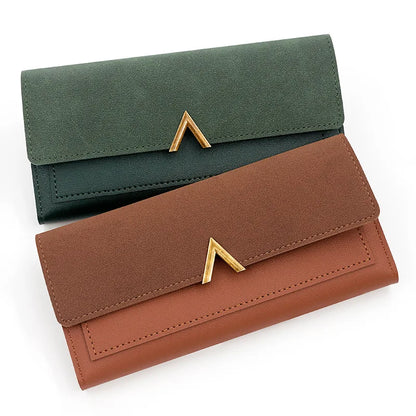 New Korean version women's wallet long V-shaped buckle three fold wallet for women, hand-held bag, change card bag.