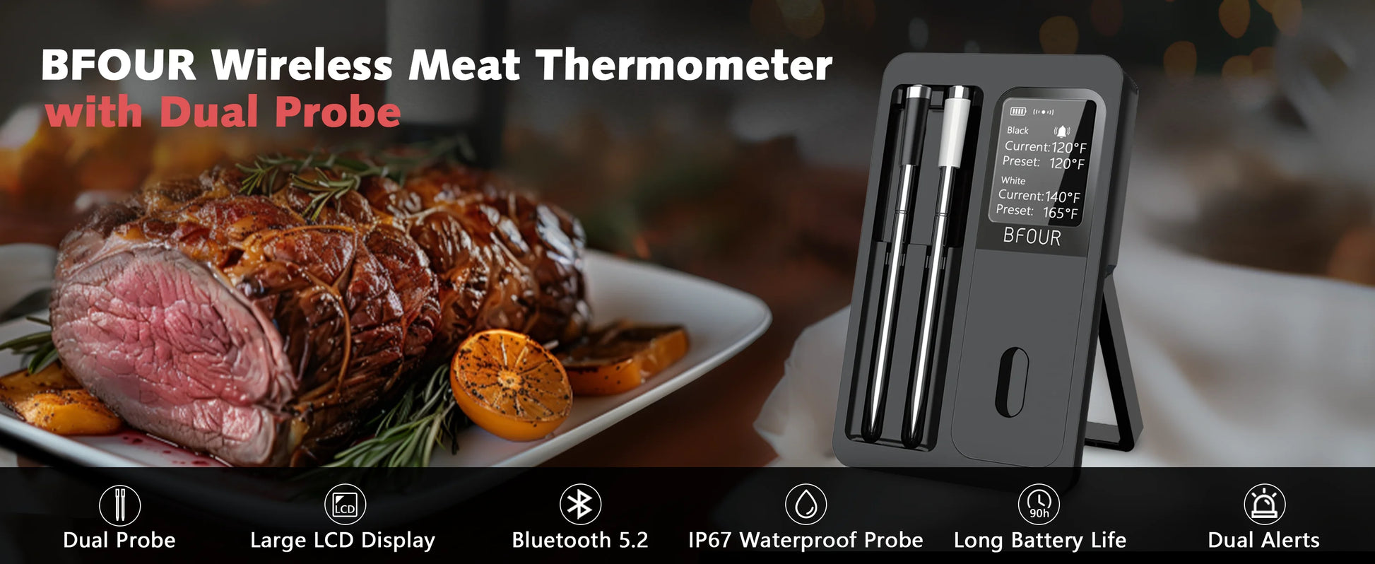 Wireless Bluetooth Meat Thermometer IP67 Waterproof Probes with LCD Screen Booster Rechargeable for Grilling Smoker BBQ Oven.