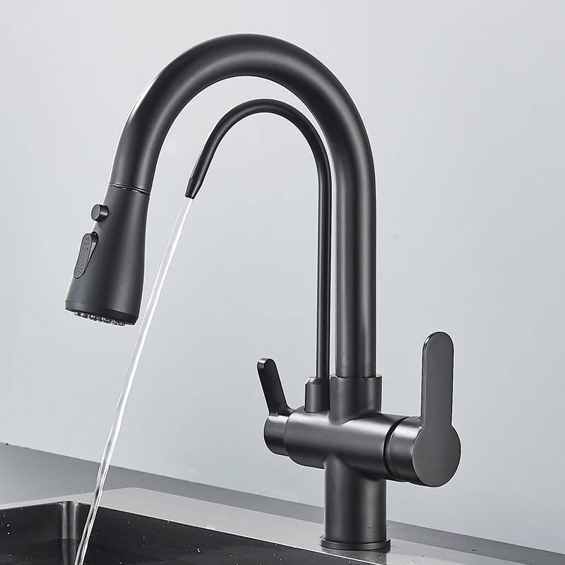 Quyanre Matte Black Filtered Crane For Kitchen Pull Out Spray 360 Rotation Water Filter Tap Three Ways Sink Mixer Kitchen Faucet