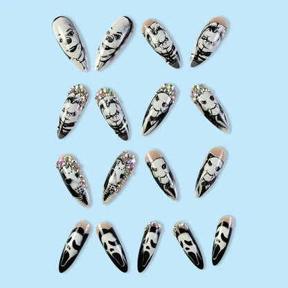 24Pcs Glossy Long Almond Halloween Press On Nails Black And White Horror Style Fake Nails With Rhinestone Reusable False Nails.