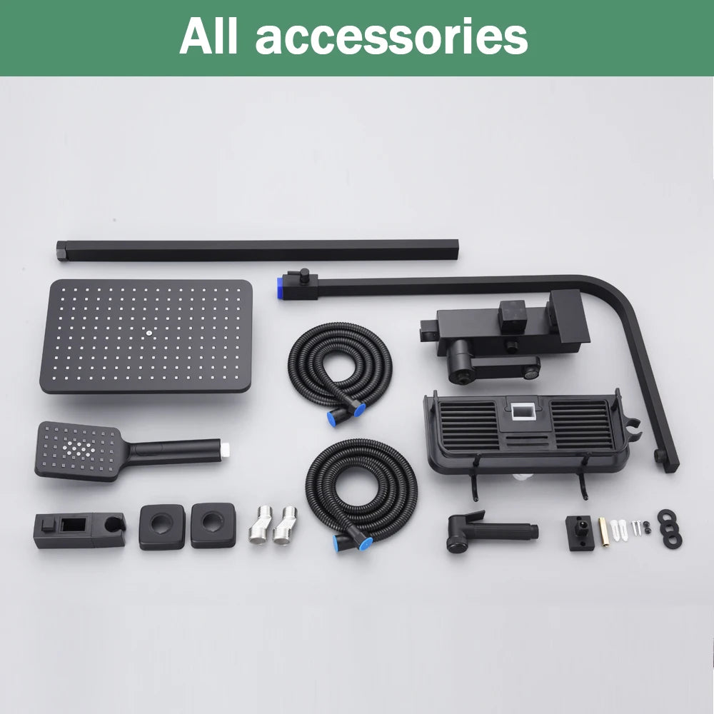 Rainfall Bathroom Shower Faucet Kit With Bidet Wall Mounted Stainless Steel Hot Cold Water Mixer Tap System With Rack,Tub Spout