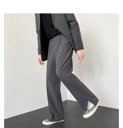 Men's Straight Baggy Casual Pants Korean Slit Personality Suit Trousers Fashion Formal Business Male Streetwear Gray Khaki Black.