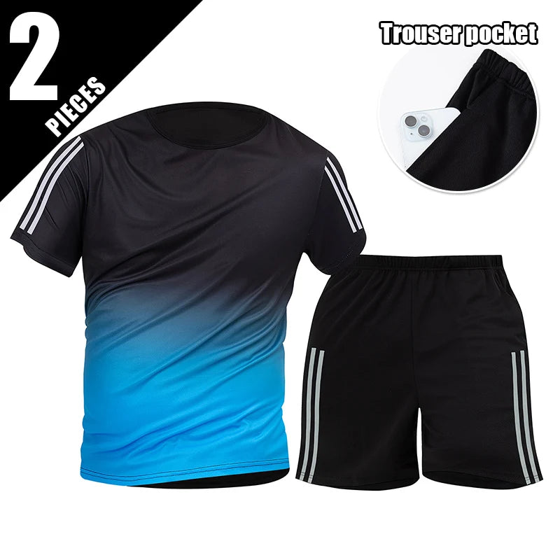 2pcs Summer Men's Quick drying Sports Suit Loose And Comfortable Round Neck Short Sleeved T-shirt Versatile Running Pocket Short