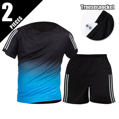 2pcs Summer Men's Quick drying Sports Suit Loose And Comfortable Round Neck Short Sleeved T-shirt Versatile Running Pocket Short