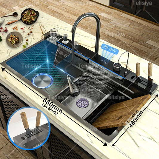Küchenspüle aus Edelstahl mit Wasserfall, Einzelschüssel, Digitalanzeige, extra großer Schlitz, multifunktionale Waschbecken