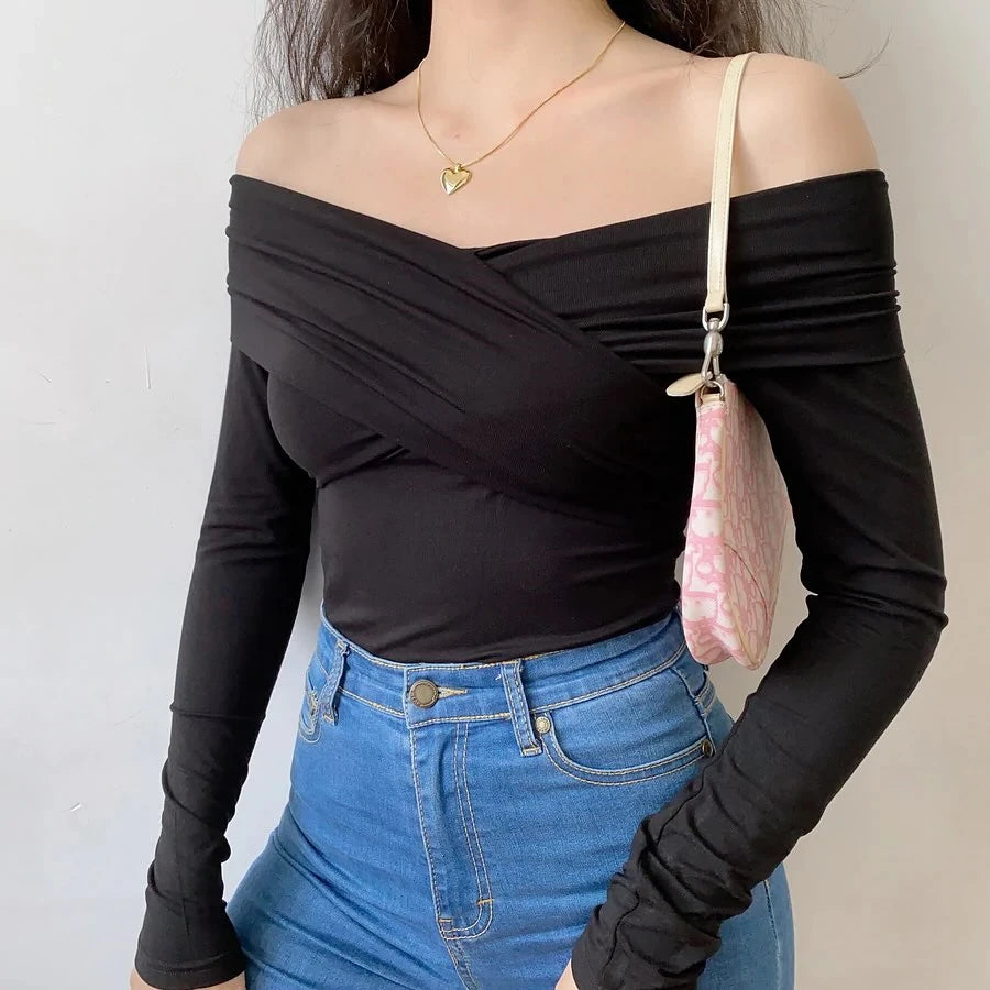 New Solid Sexy Off Shoulder Bodysuits Women Fashion Crossed Folds Skinny Rompers Long Sleeve Fashion Streetwear Autumn Bodysuits.