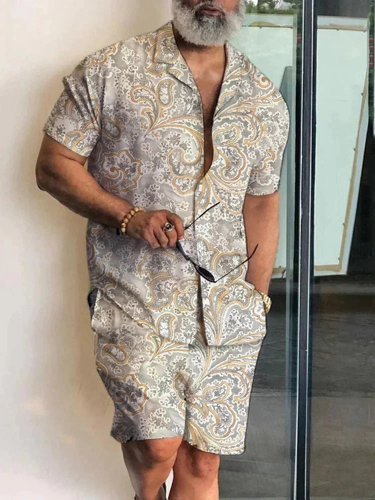 Summer Fashion PatternPrint Men's Short Sleeve Shirt And Shorts Set Beach Style T Shirt Breathable Shorts Two Piece Set Clothing.
