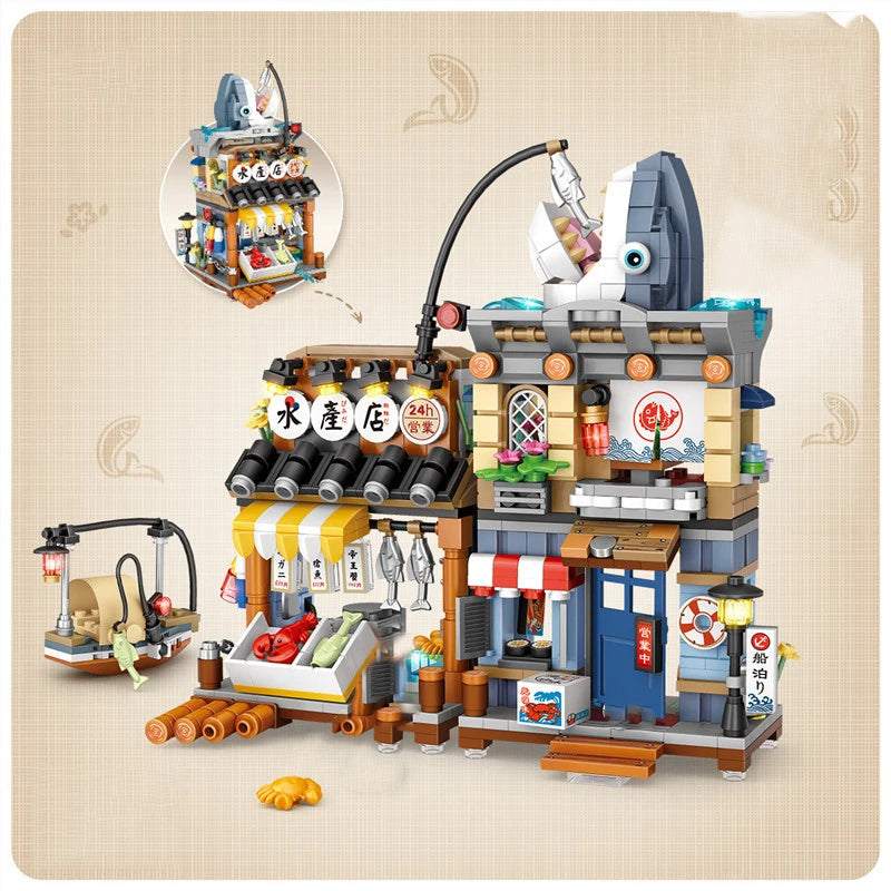 Street View Series Building blocks Izakaya Shaved Ice Shop Takoyaki Shop Coffee shop Panda Tea House model children's gift.