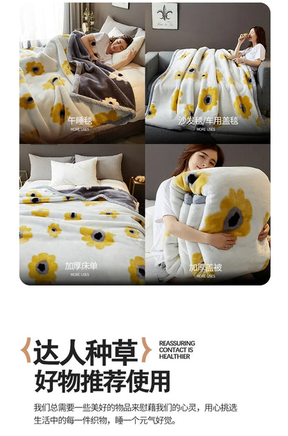 Double Sided Printed Autumn Winter Blankets for Bed Soft Warm Encrypted Flocking Raschel Blanket Skin Friendly Weighted Blanket