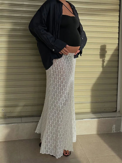 Tossy Fashion Summer Lace Long Skirt Women See-Through Slim High Waist Hollow Out Patchwork Elegant Commute Female Maxi Skirt