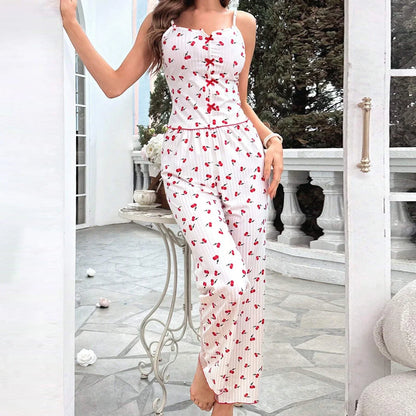 Frühling Sommer Pyjama Set für Frauen Nachtwäsche Kirsche Herz Druck Patchwork Durchsichtig Cami Tops mit Hosen Sets Loungewear.