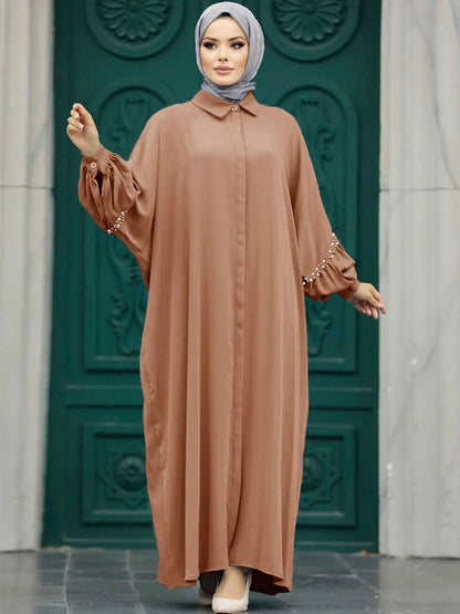 Siskakia Solid Muslim Woman Elegant Beaded Cardigan Long Dress With Loose Batwing Sleeve Moroccan Dubai Saudi Kebaya Robe  2024.